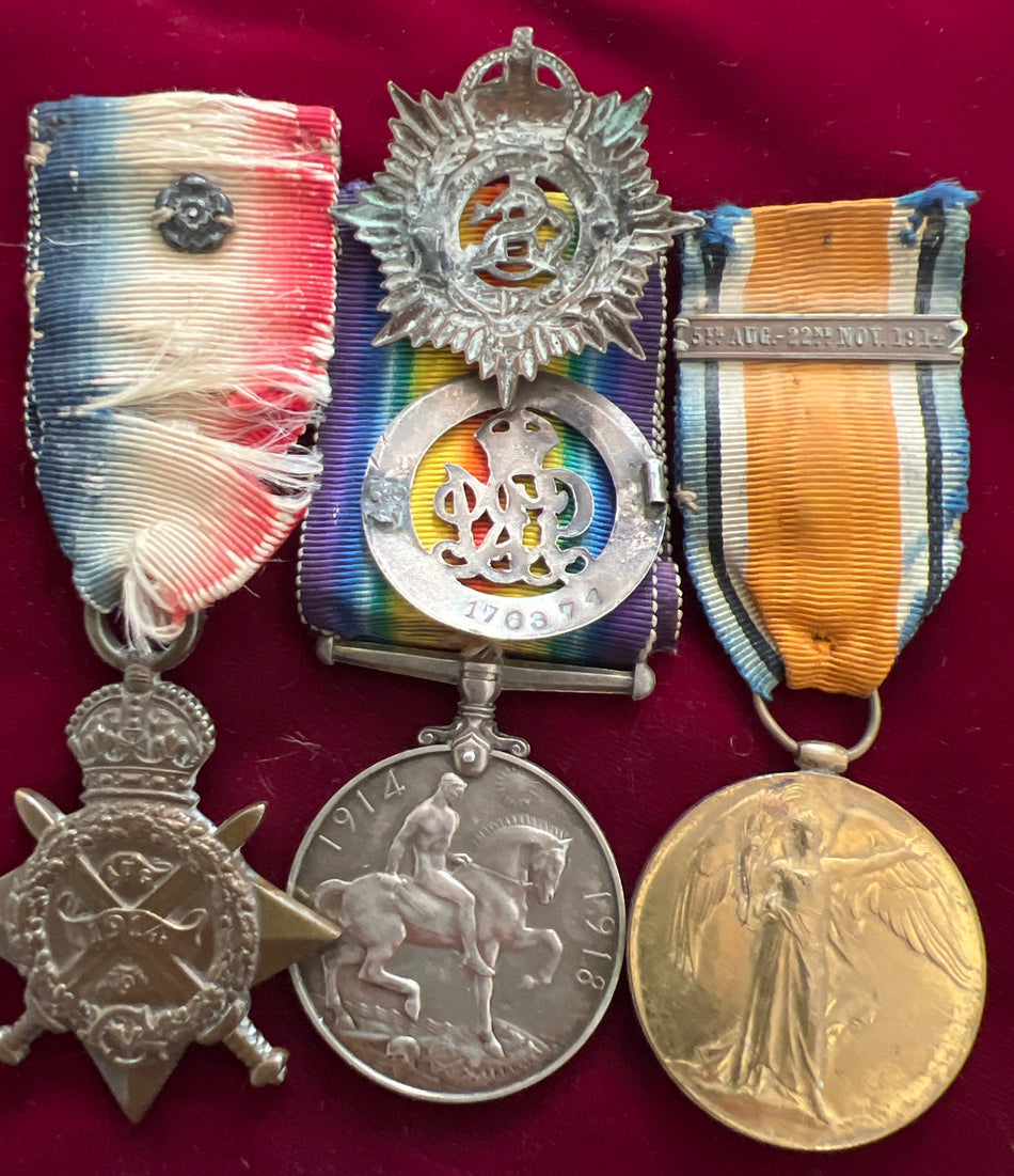 1914 Star with rosette/ Victory Medal/ British War Medal trio to 1614 Private R. Baker, Army Service Corps, note ribbons mixed up, also the bar is on the victory medal ribbon, with his wound badge broken and cap badge missing the slider