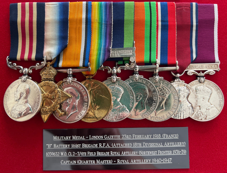 Group of 9 to Battery Sergeant Major Reginald James Paris, RFA, MM: LG 1918, 'B' Battery 161 Brigade R.F.A. (attached 18 Divisional Artillery), W.O. Class 2 - 7/4 Field Brigade, R.A., Captain (Quarter Master) - R.A. 1940-47, full history with group