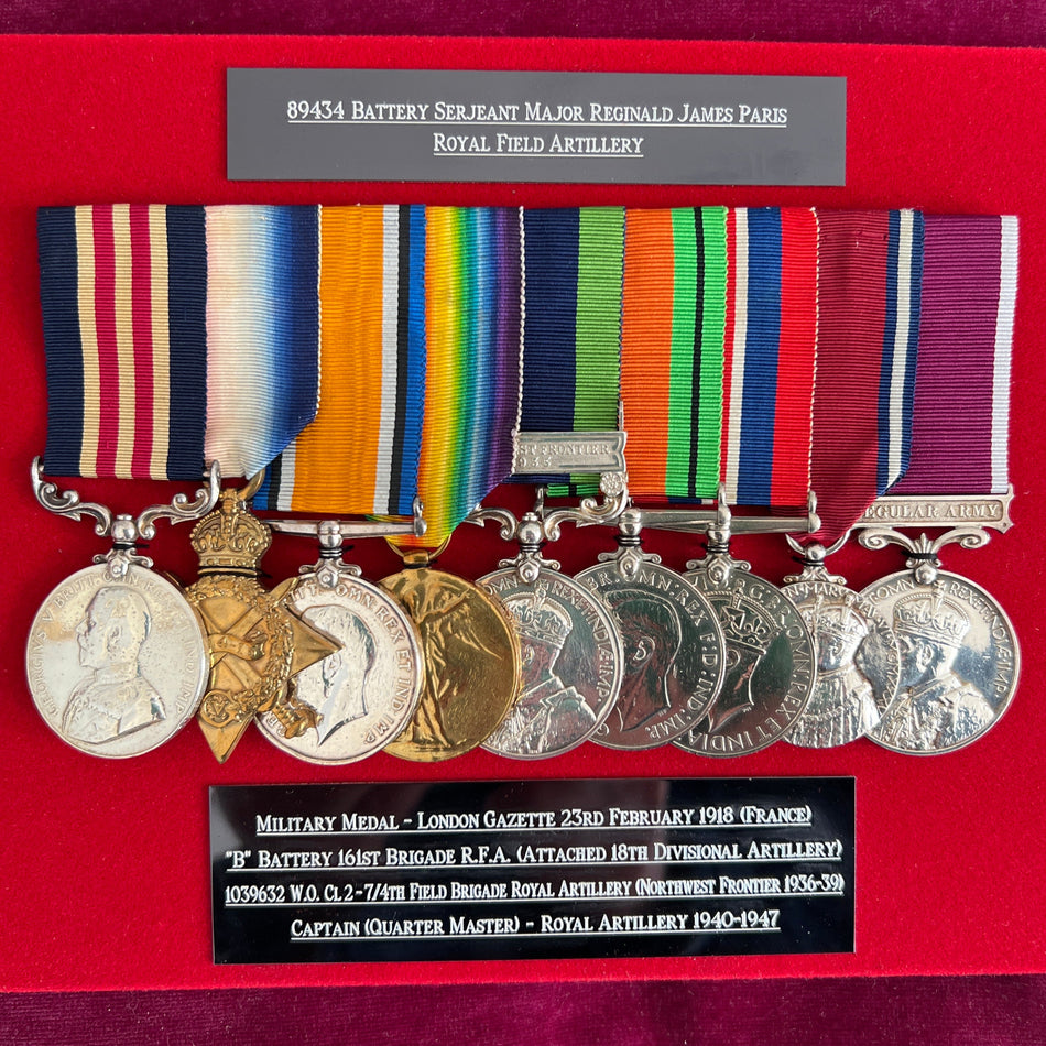 Group of 9 to Battery Sergeant Major Reginald James Paris, RFA, MM: LG 1918, 'B' Battery 161 Brigade R.F.A. (attached 18 Divisional Artillery), W.O. Class 2 - 7/4 Field Brigade, R.A., Captain (Quarter Master) - R.A. 1940-47, full history with group