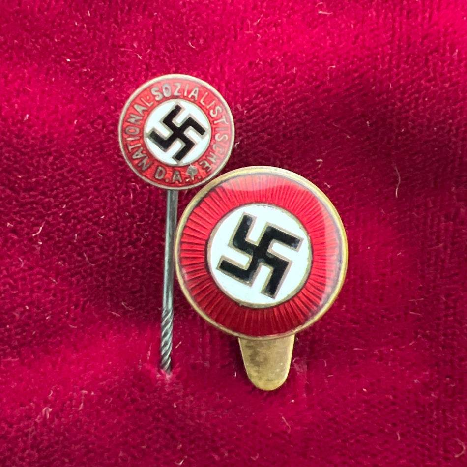 Nazi Germany, two scarce party pins, miniature stick pin & lapel badge, small size