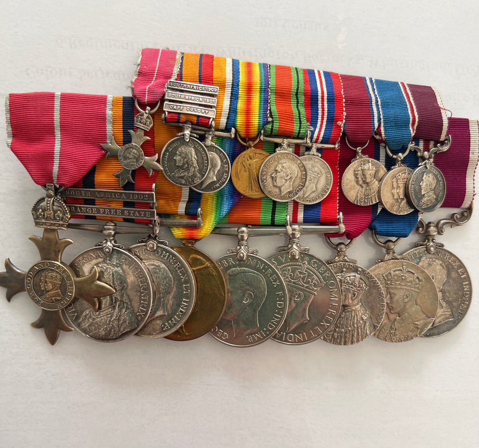 Boer War, WW1 & WW2 Group of 9 to 6024 W.O.1 / Major E.F. Snape M.B.E., 1st Bn. South Staffordshire Regt. & Royal Signals: SA 1902, France 1917, Coronation 1937, retired 1941