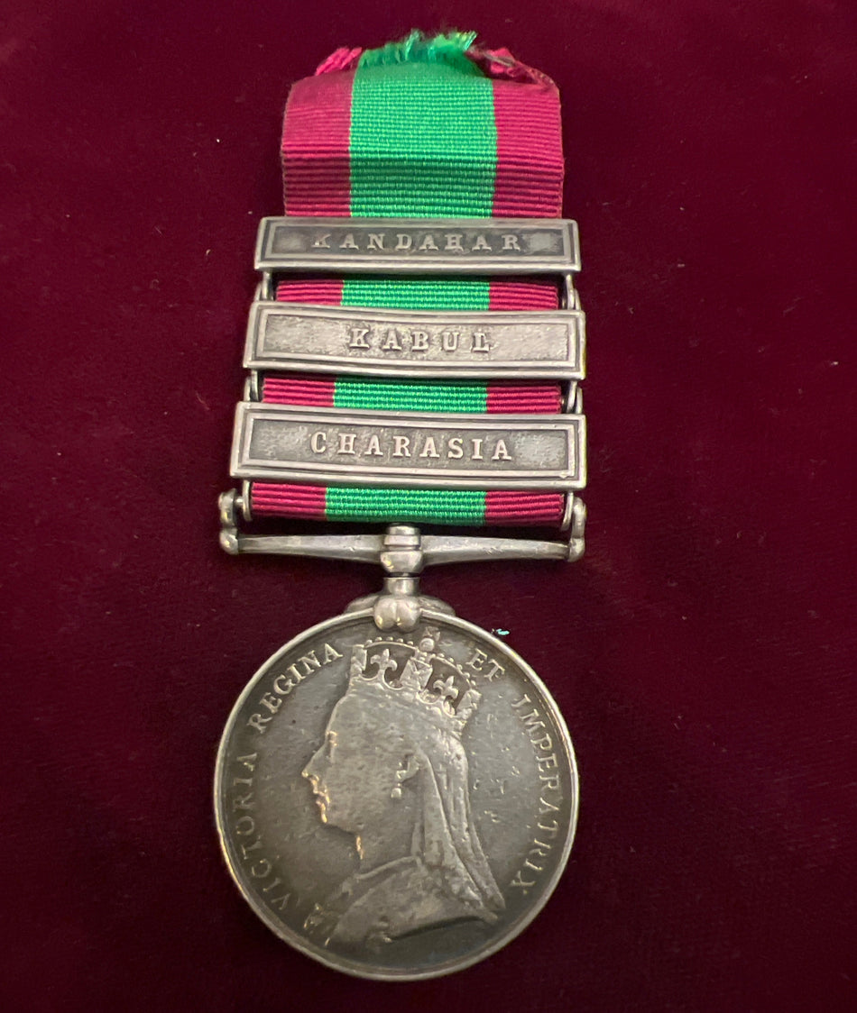 Afghanistan Medal 1878-80, three bars: Kandahar, Kabul & Charasia, to B/232 Private B. Curran, 92 Highlanders, some wear but good example of scarce medal