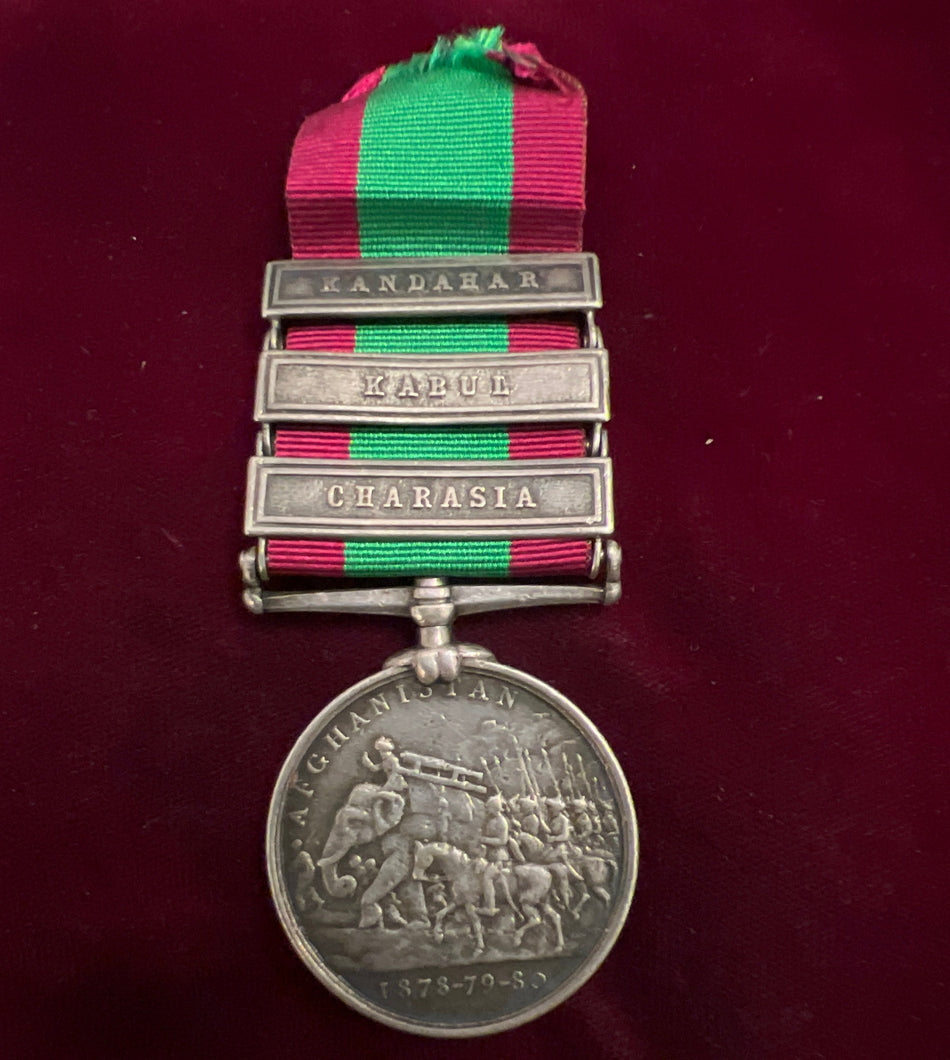 Afghanistan Medal 1878-80, three bars: Kandahar, Kabul & Charasia, to B/232 Private B. Curran, 92 Highlanders, some wear but good example of scarce medal