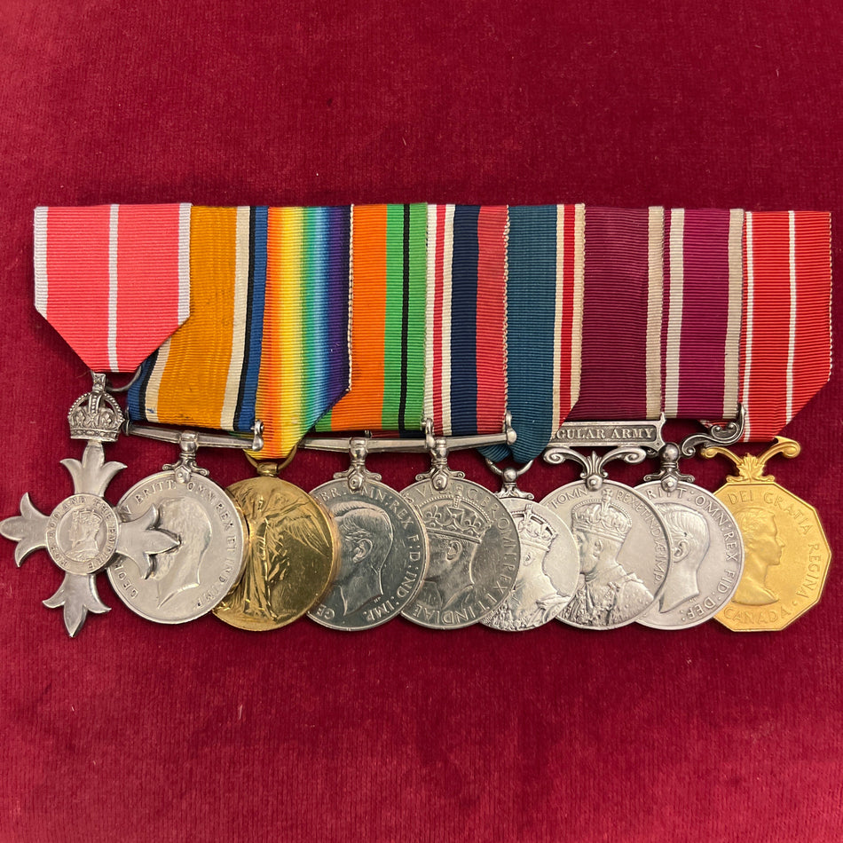 Group of 9 medals to Albert Edwin Smart M.B.E. Canadian Decoration, WW1 Royal Engineers, later WO2 Royal Signals, at 1937 Coronation, WW2 service, M.B.E. 11 July 1940, commission relinquished 1947, later Major in Canadian Army