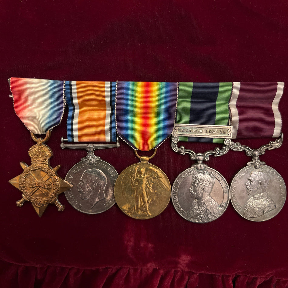Group of 5 to 7680 Private J. Driver, Suffolk Regiment, later 581920 Suffolk Regiment, with scarce bar: Malabar 1921–1922, a good group