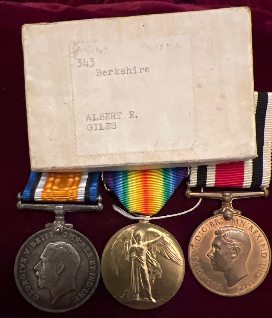 WWI pair & Special Constabulary Long Service Medal to M.14008 A. E. Giles, Cook Mate, Royal Navy, later Berkshire Police Special Constabulary