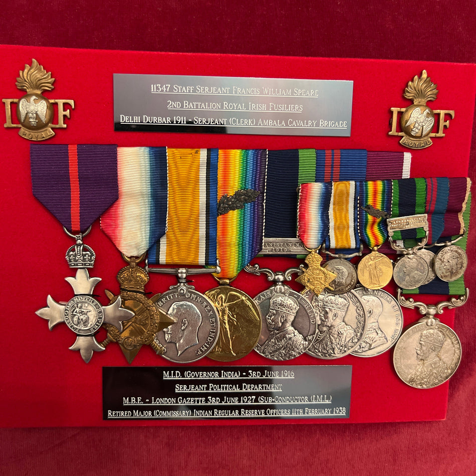 Good group of 7 to Staff Sgt Frances William Speare, Royal Irish Fusiliers - Sgt in the Political Dept, Capt (Dep. Commissary) Indian Misc. List, MiD (Gov. of India June 1916), M.B.E. (LG 3rd June 1927), with full service history & miniatures