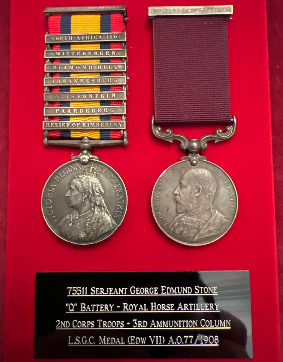 Pair to 75511 Sergeant George Edmund Stone, “Q” Battery - Royal Horse Artillery, 2nd Corps Troops - 3rd Ammunition Column, scarce 7-bar QSA and Edward VII LSGC awarded 1908, present at the Relief of Kimberley with full service history