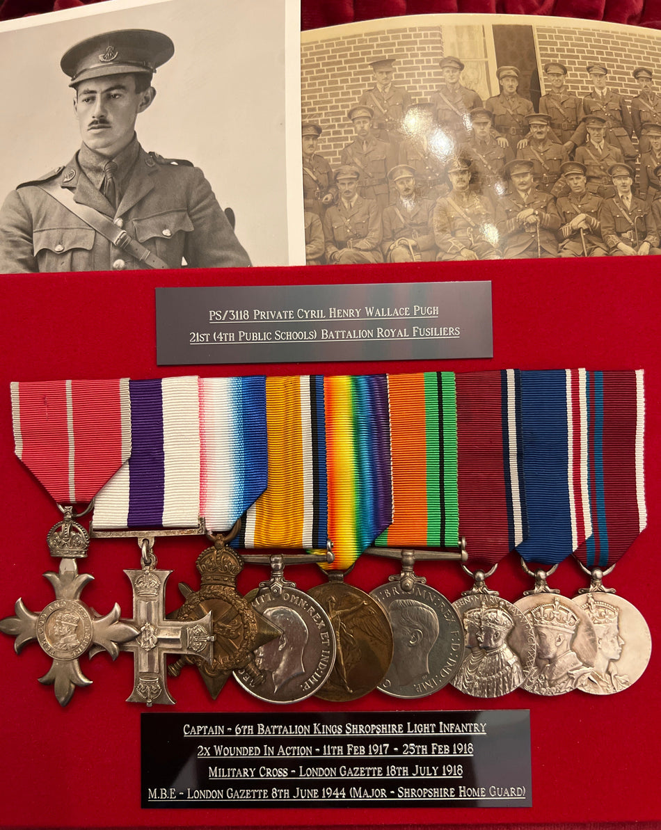 A fine group of 9 to Major Cyril Henry Wallace Pugh, MC, MBE: 21st (4th Public Schools) Bn Royal Fusiliers & 6th KSLI, twice wounded 1917–18, awarded MC for gallantry July 1918 & MBE June 1944 for Home Guard; Oxford BA/MA Law, with photos & research file
