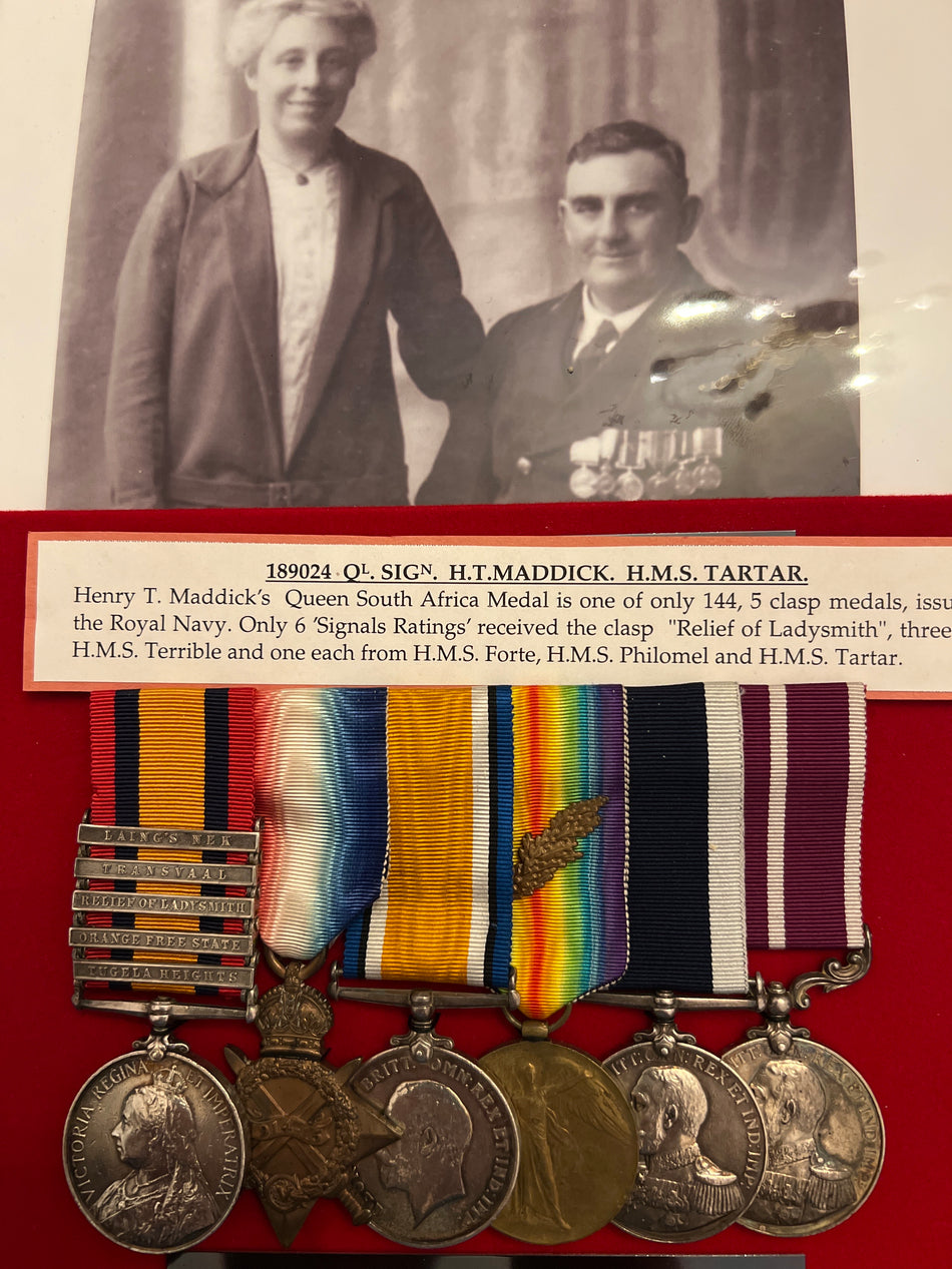 Scarce group of 6 to Acting Chief Yeomanry Signals H. T. Maddick, HMS Tartar; Royal Navy, QSA 5 clasps (one of 144 to RN); MiD & Navy MSM (LG 1918-19); served South Africa & WWI (HMS Roxburgh), large research file