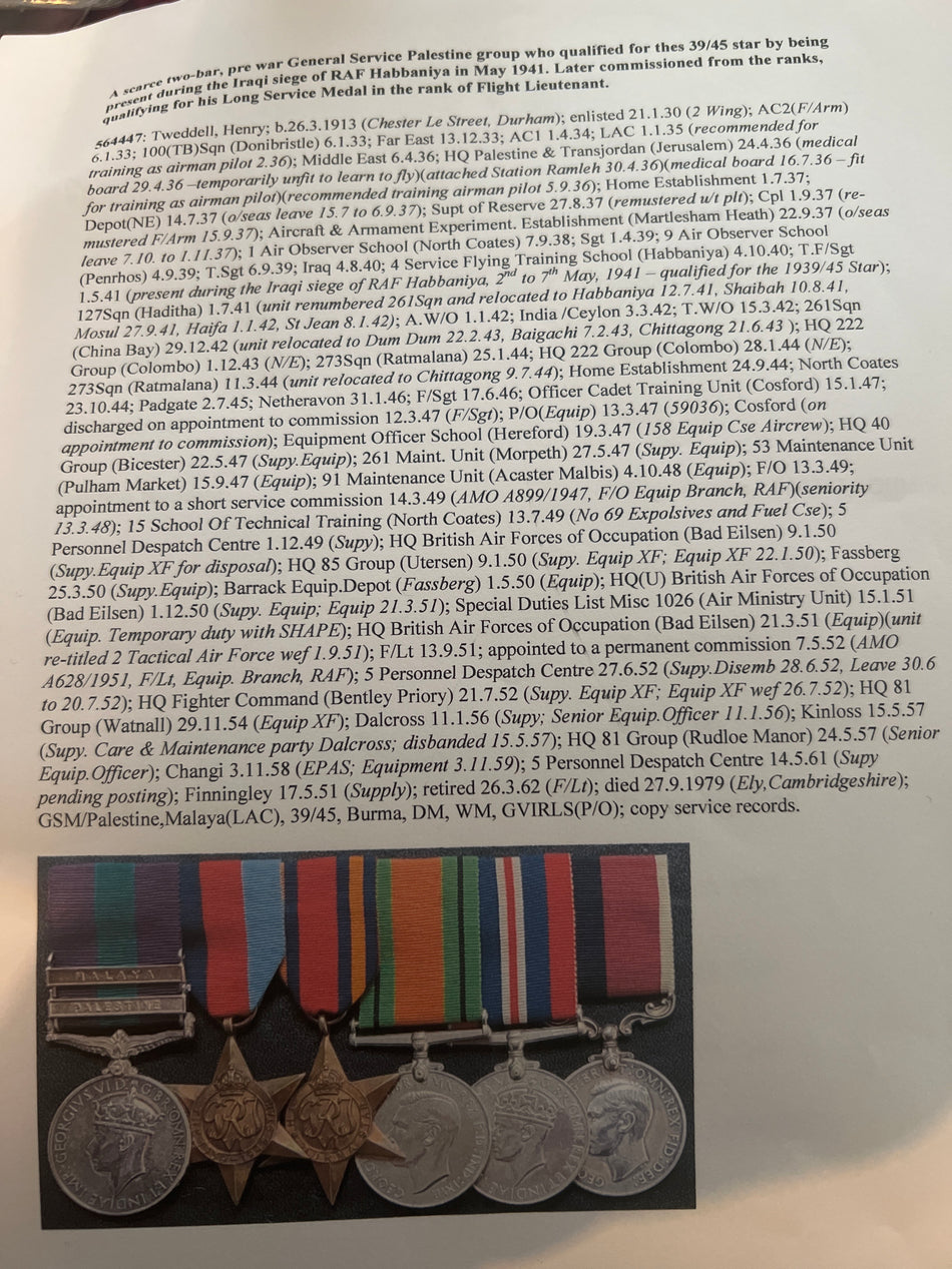 Group of six to 564447 Flight Lieutenant Henry Tweddell, RAF, served in the Middle East, present during the Iraq Siege of Habbaniya May 1941, commissioned from the ranks to Flight Lieutenant, joined 21/1/1930, retired 26/3/1962, with full service history