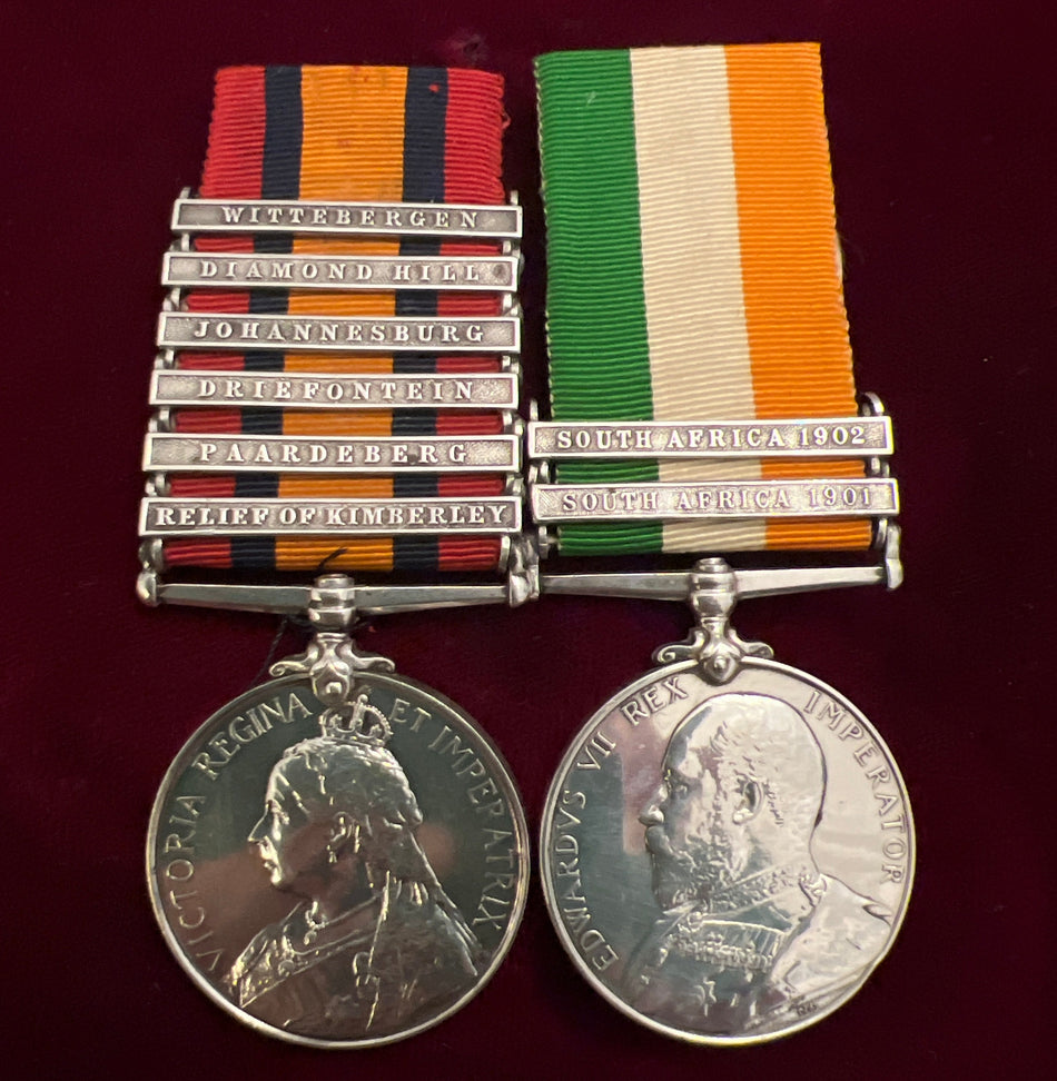 Queen's South Africa Medal (6 bars)/ King's South Africa Medal pair to 201 Driver William Henry Edwards, P. Battery, Royal Artillery, served 1893-1906, served South Africa: Relief of Kimberly, Diamond Hill, Paardeberg, Driefontein, full service history