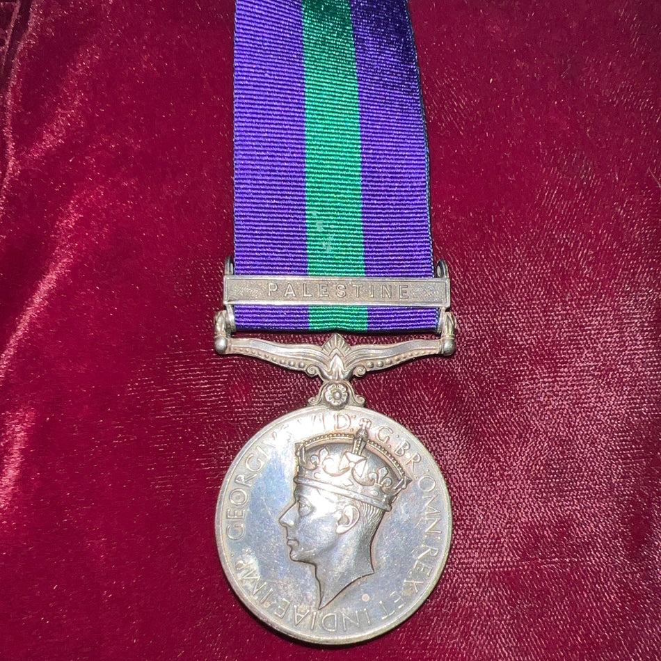 General Service Medal, Palestine bar, pre-war type, to James Bernard Graham, joined 2nd January 1937, served at Haifa and received a commendation in June 1937 for services at Safad, one of the early centres of the Arab Revolt, comes with service history