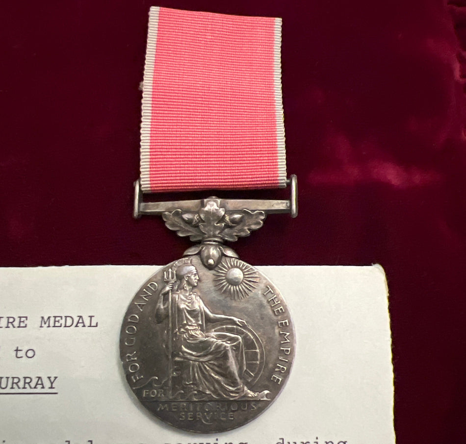 British Empire Medal, 1939-1945 type, to Henry Murray, Greaser, Merchant Navy, displayed outstanding courage during a convoy attack by a German submarine, was among the last to leave the ship, London Gazette 12th October 1943, see description