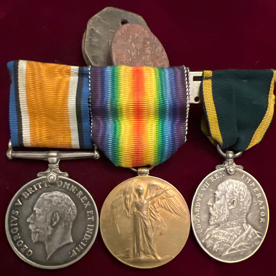 Group of 3 to 41619 Sergeant J. W. Ranson, Queen's Regiment, 5th Essex Regiment on Territorial Efficiency Medal, Edward VII issue, with his dog tags