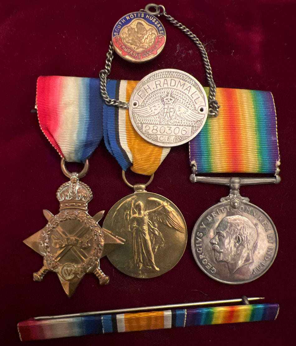 1914-15 trio to 1213 Private F. H. Radmall, South Notts Hussars, later appears to have joined the RAF, with silver ID bracelet and old Comrades Association Badge, scarce unit, please note he has mounted his medals in the wrong order, an interesting lot