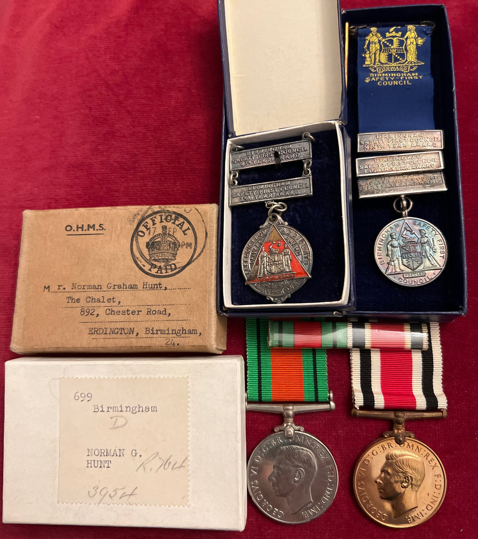 Defence Medal and Special Constabulary Medal pair to Norman G. Hunt, together with two Birmingham Safety First Council/ Good Driving Medals in silver