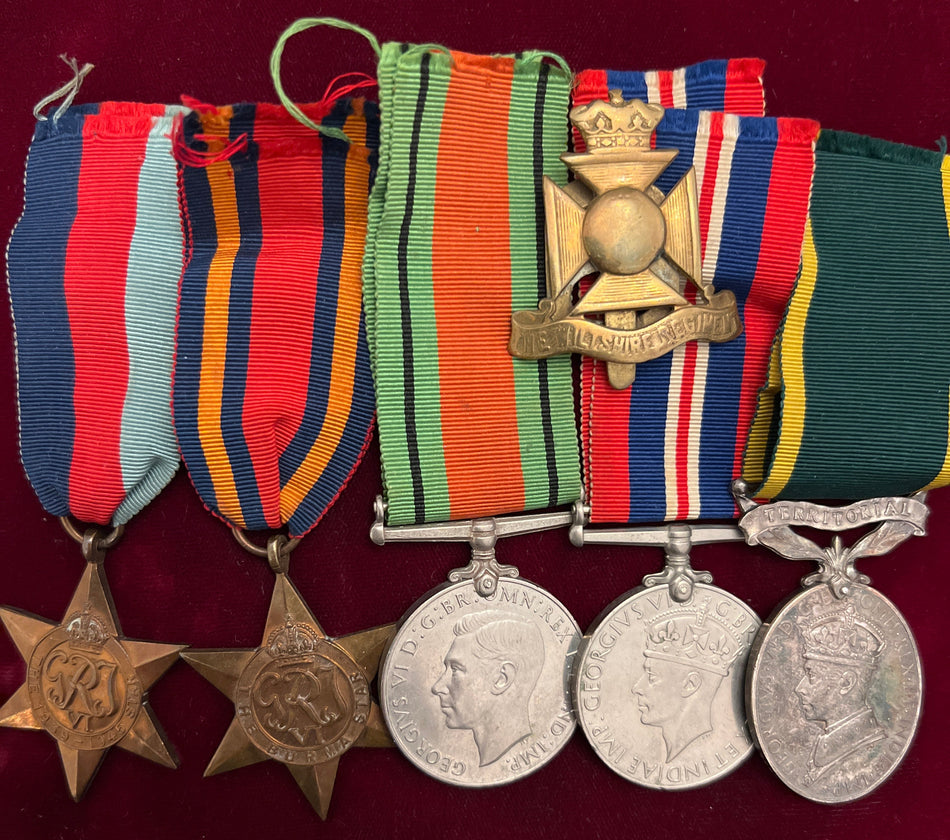 WWII group of 5 to 5568458 Sergeant F. C. Johnson, Wilts. Regiment, with cap badge