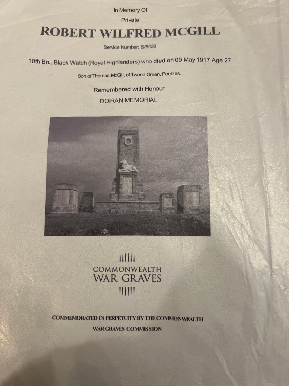 British War Medal 1914-18 to S/5439 Pte Robert Wilfred McGill, 10th Battalion Black Watch (Royal Highlanders), killed in action 9th May 1917 aged 27, of Peebles, Scotland, Remembered with Honour, Doiran Memorial, with CWGC remembrance sheet