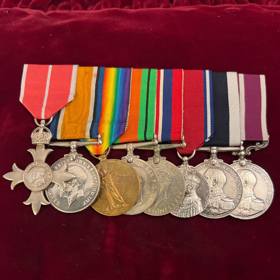 Royal Navy group of 8 to Commander Francis Henry Stevens, Victualling Branch, 1902–1946, WWI & WWII service, Meritorious Service Medal for HMS Europa at Mudros, MBE (1937), with documents, photos, boatswain’s whistle and ephemera