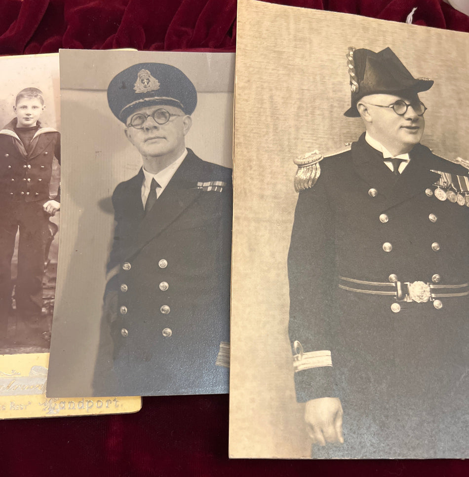 Royal Navy group of 8 to Commander Francis Henry Stevens, Victualling Branch, 1902–1946, WWI & WWII service, Meritorious Service Medal for HMS Europa at Mudros, MBE (1937), with documents, photos, boatswain’s whistle and ephemera