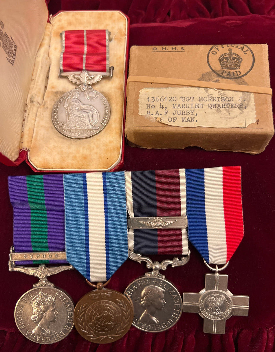 Father and son RAF group, BEM for bravery to Sgt James Morrison for rescuing an airman from a blazing Blenheim crash involving a petrol tanker, with original box, investiture letter, newspaper report, and son’s full RAF service medal group and history