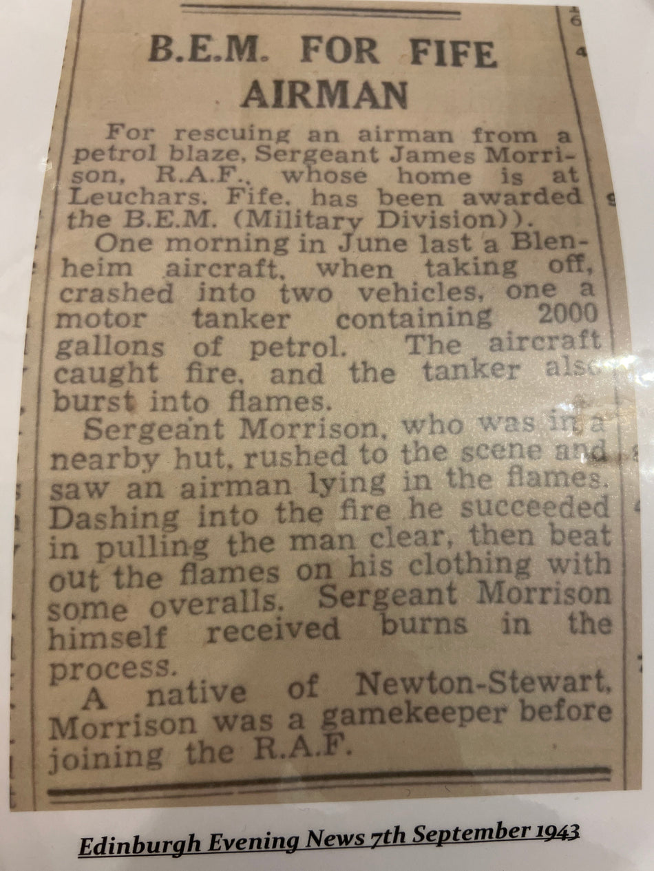 Father and son RAF group, BEM for bravery to Sgt James Morrison for rescuing an airman from a blazing Blenheim crash involving a petrol tanker, with original box, investiture letter, newspaper report, and son’s full RAF service medal group and history