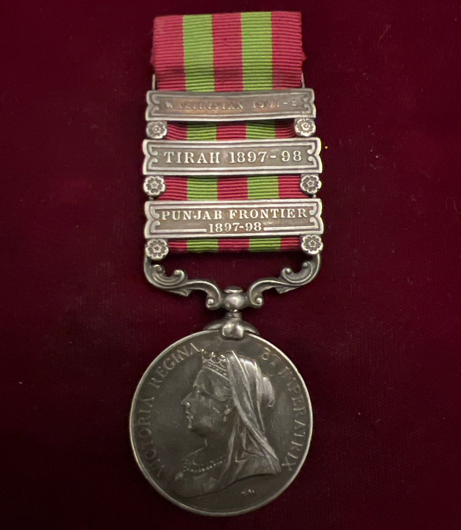 India Medal 1895-1902, three clasps (Waziristan 1901-02, Tirah 1897-98, Punjab Frontier 1897-98) to 3271 Sepoy Bhola Singh, 16th Bengal Infantry
