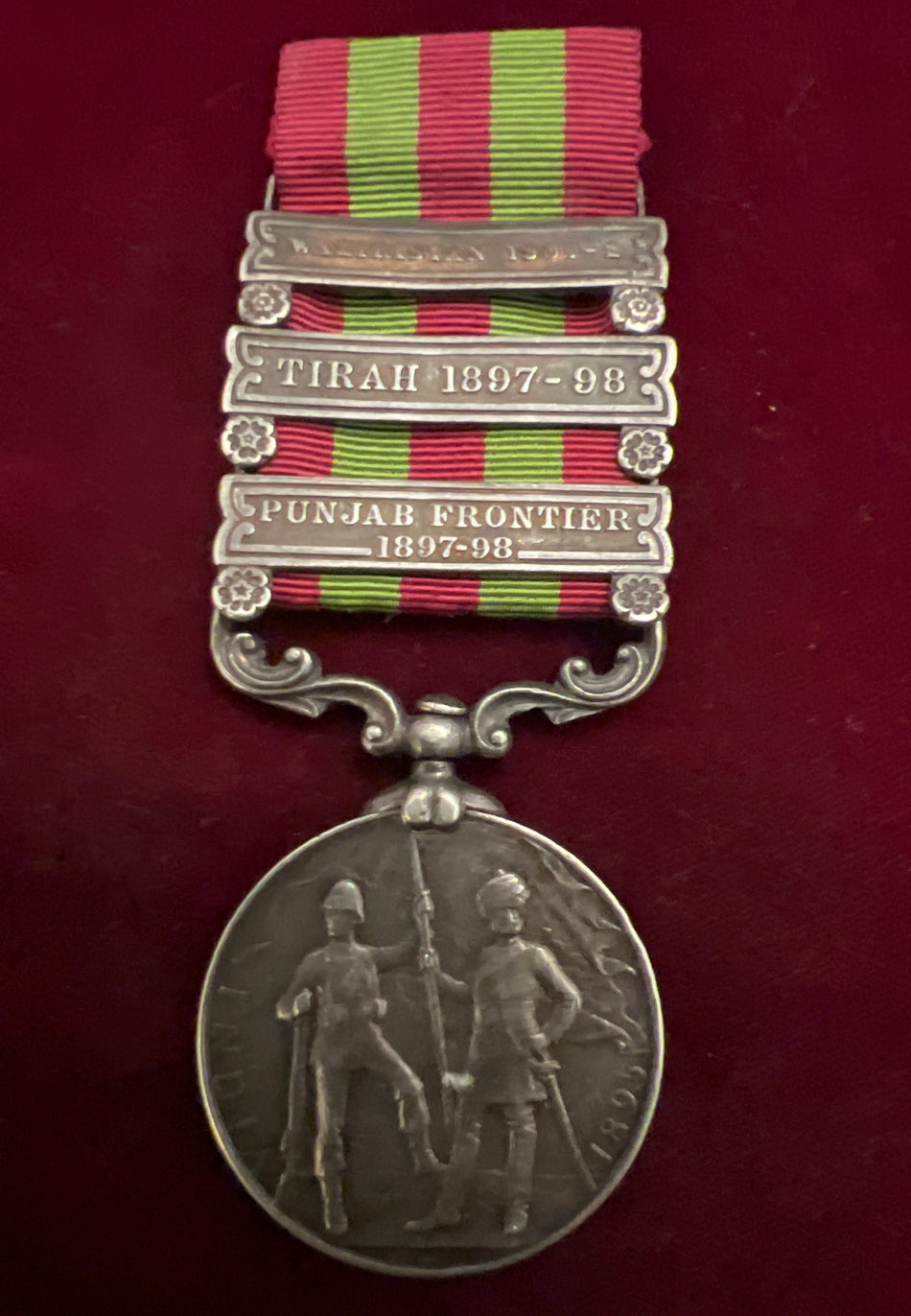 India Medal 1895-1902, three clasps (Waziristan 1901-02, Tirah 1897-98, Punjab Frontier 1897-98) to 3271 Sepoy Bhola Singh, 16th Bengal Infantry