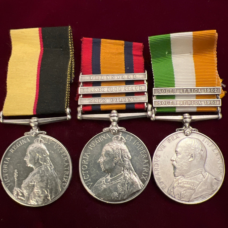 Group of 3 to 426 Private E. Nicholson, Royal Army Medical Corps: Queen’s Sudan Medal, Queen’s South Africa Medal, 3 bars: Transvaal, Orange Free State and Cape Colony, and King’s South Africa Medal, 2 bars