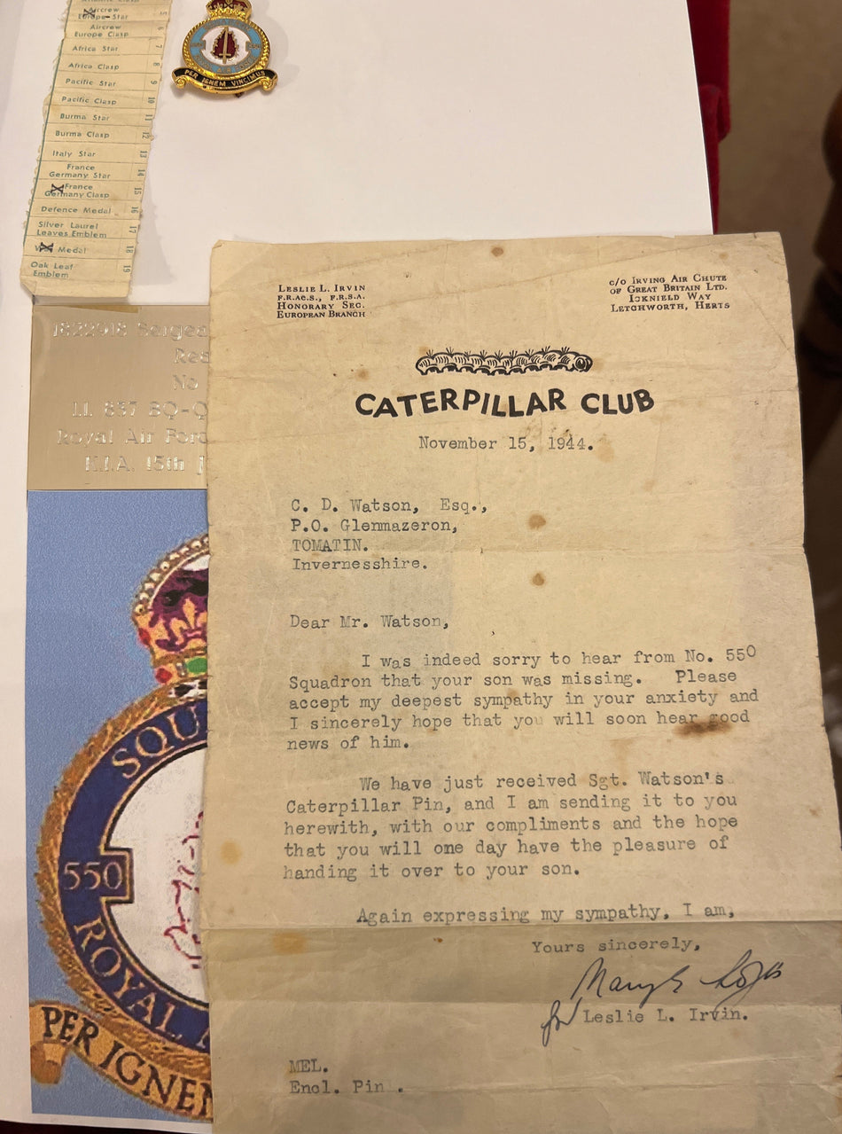 Group of 3 to Sgt. C. J. Watson, Rear Gunner, No. 550 Sqn. RAF, with Air Crew Europe Star (France & Germany Bar), Caterpillar Club badge and condolence letter, KIA 15/7/1944 aboard Lancaster LL837, shot down in France by an Fw190, buried at Bussy-la-Côte