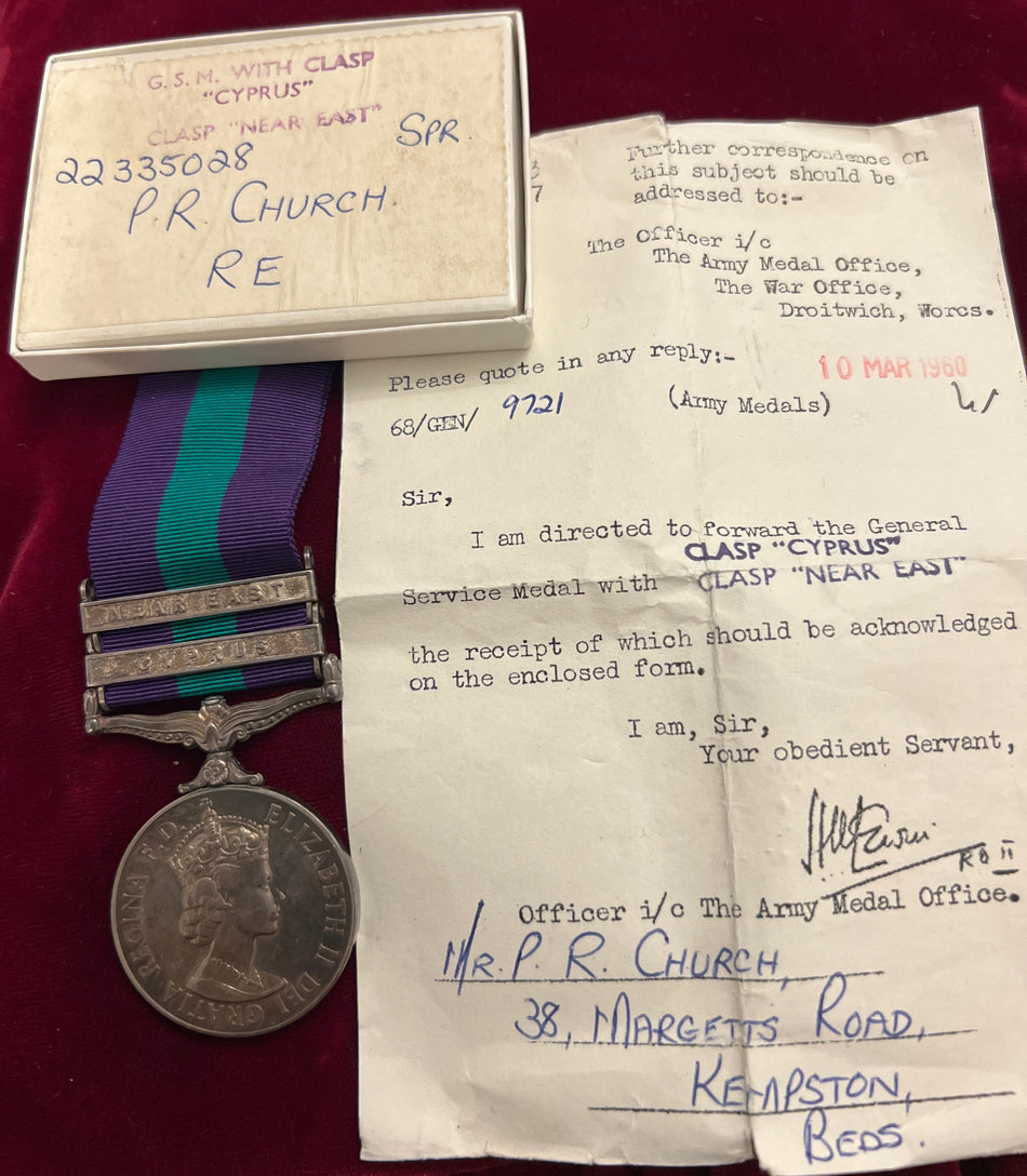 General Service Medal, 2 bars: Near East & Cyprus, to 22335028 Sapper P. R. Church, Royal Engineers, with box of issue and slip