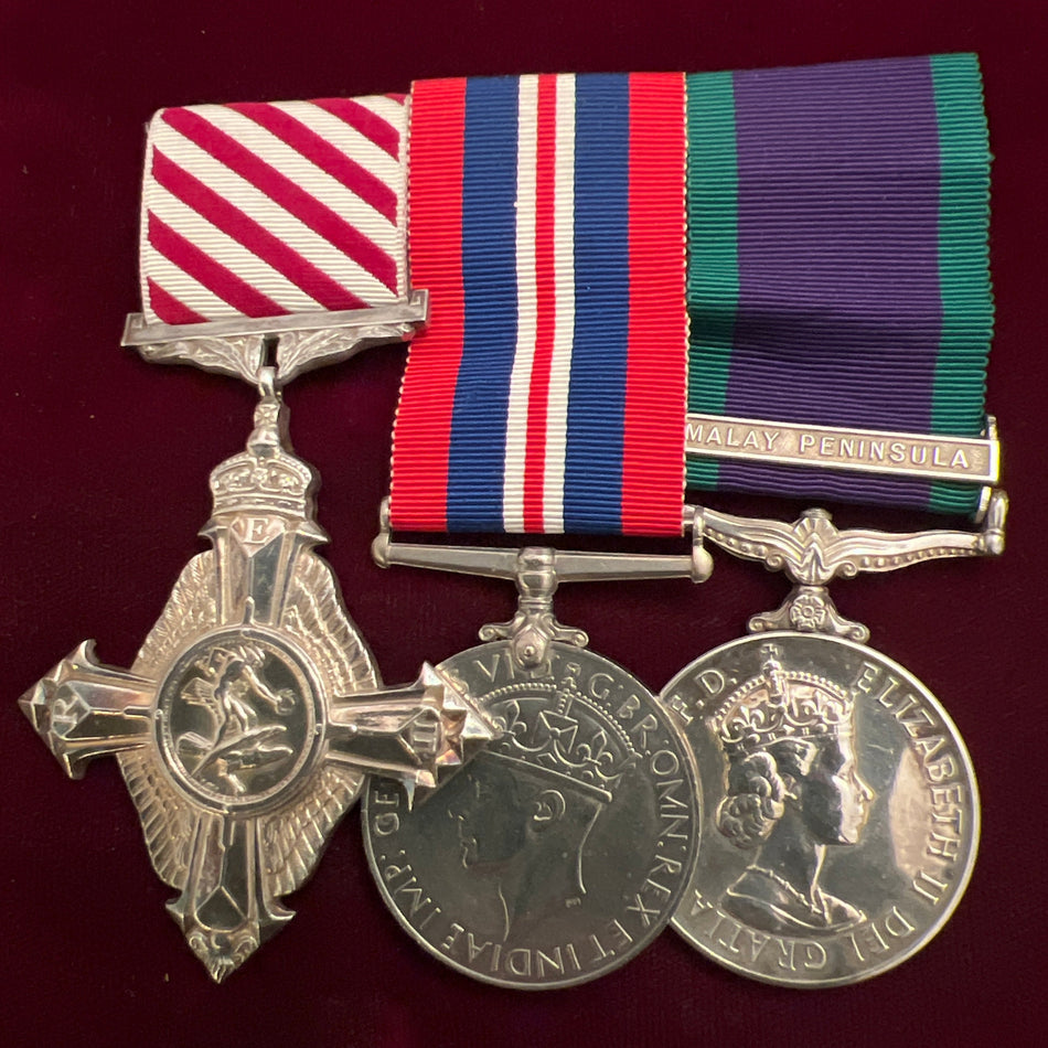 Group of 3 to John Gordon Davis, RAF, Air Force Cross (1/1/1960), GSM with Malaya Peninsula clasp, and War Medal; enlisted February 1944, Cadet Navigator 1951, later Flying Officer 1952, Flight Lieutenant 1956, retired 3/8/1976, see history