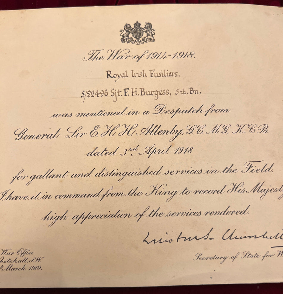 Group of 4 to Sjt. Frank Harold Burgess, 5th Battalion, Royal Irish Fusiliers, served Balkans 6/12/1915, MiD LG: 14/6/1918 (Egypt), Meritorious Service Medal LG: 3/6/1919 (France), with his original enlistment paper and full service history