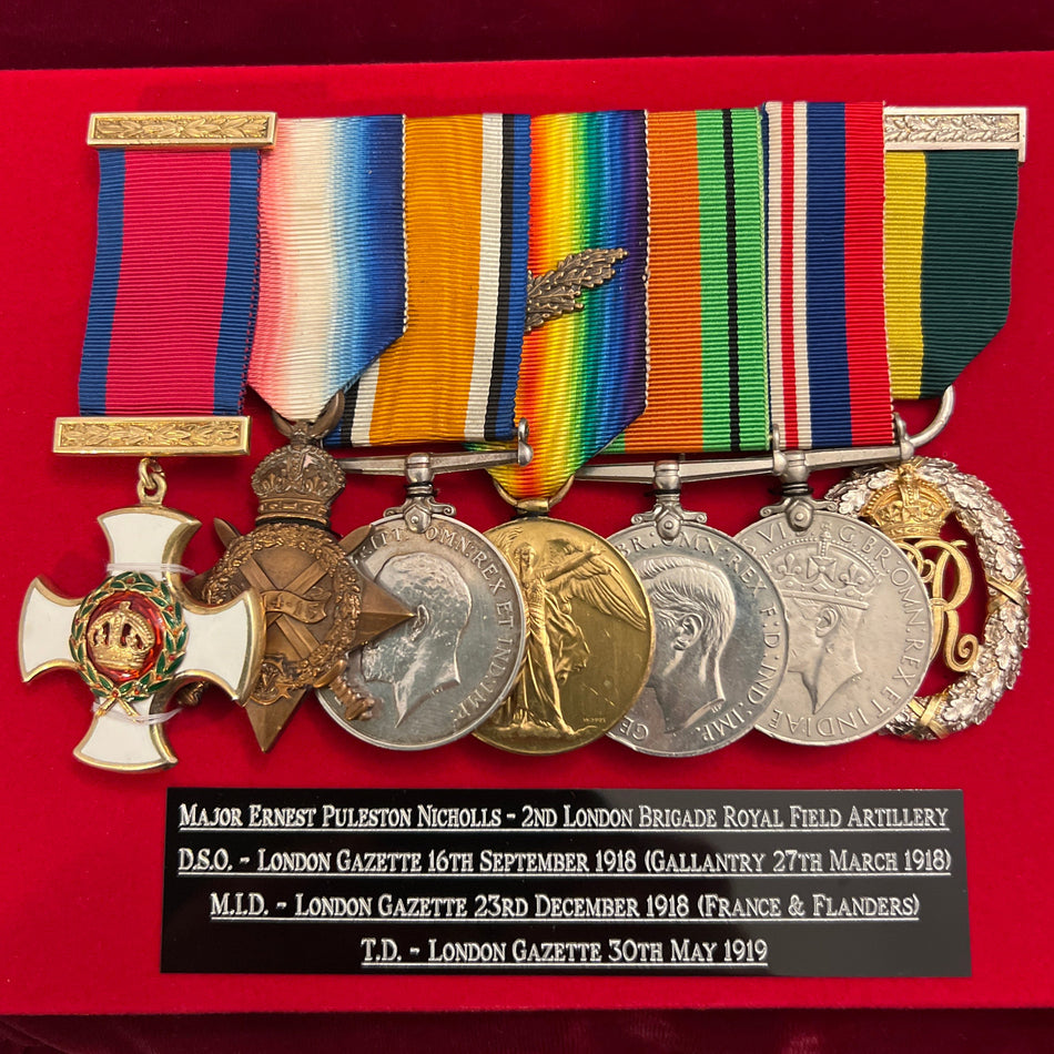 Group of 7 to Maj. E. P. Nicholls, 2nd London Bde, RFA; served France from Oct 1915; DSO for gallantry at Morchies 27 Mar 1918; MiD 23 Dec 1918; TD 30 May 1919; later RAF Flying Officer 1940-44; became teacher after war; died London Dec 1955; with history