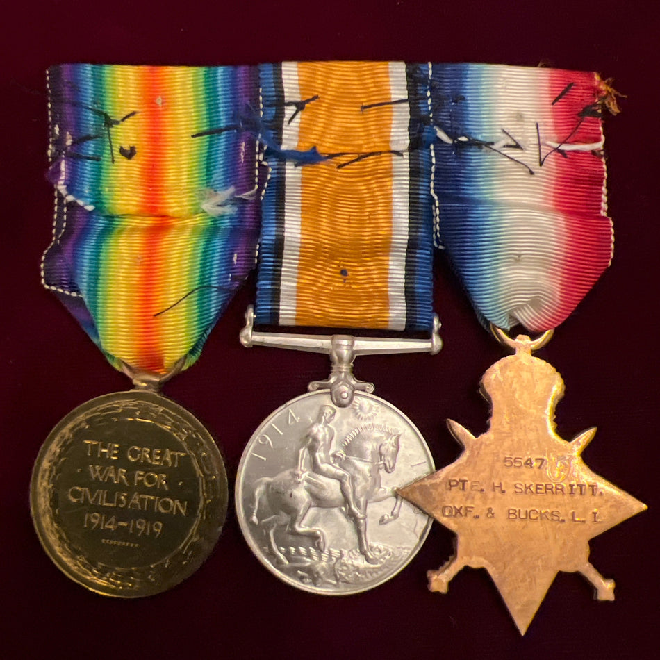 1914-15 Star trio to 5547 Private H. Skerritt, Oxford and Bucks Light Infantry