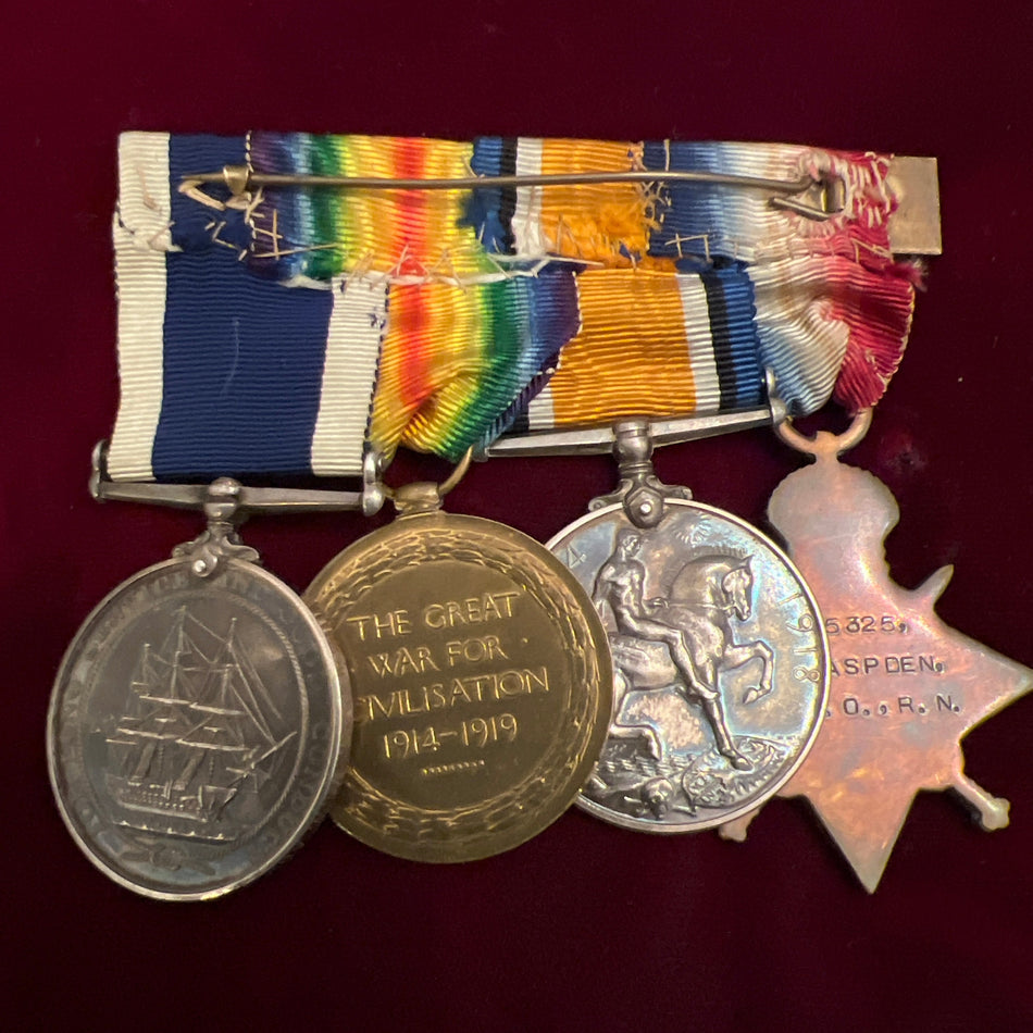 WWI group of 4 to 30522 Earnest William Aspden, Royal Navy, served on HMS Yarmouth on Naval Long Service &amp; Good Conduct Medal, with copy of service papers