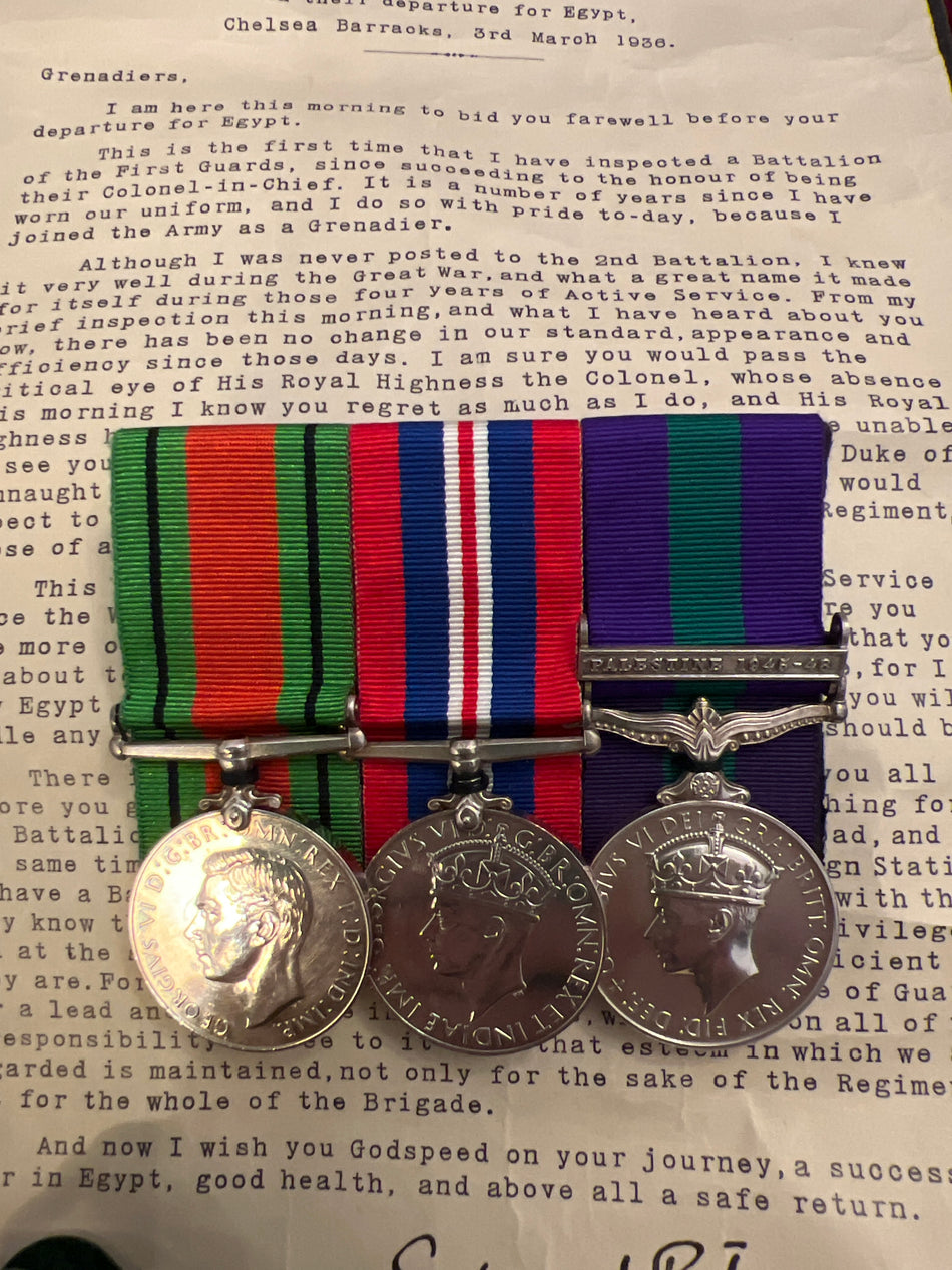 Trio with Buckingham Palace letter addressed to 2 Battalion, Grenadier Guards on their departure to Egypt 3 March 1936, General Service Medal Palestine 1945-48 clasp named to 2626187 Guardsman P. J. Preston, Grenadier Guards