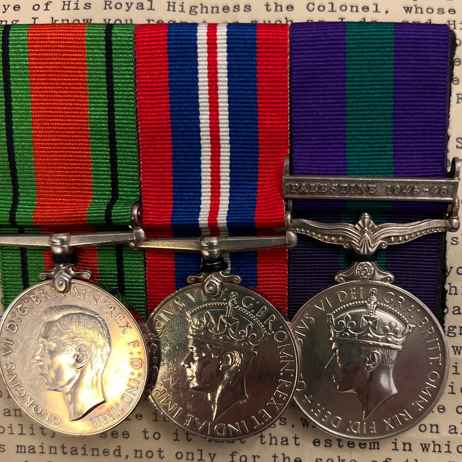 Trio with Buckingham Palace letter addressed to 2 Battalion, Grenadier Guards on their departure to Egypt 3 March 1936, General Service Medal Palestine 1945-48 clasp named to 2626187 Guardsman P. J. Preston, Grenadier Guards