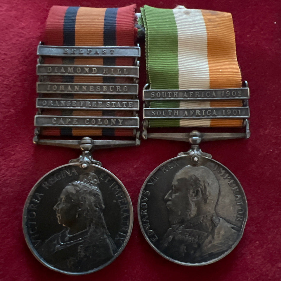Boer War Pair: Queen's South Africa Medal, 5 Clasps (Cape Colony, Orange Free State, Johannesburg, Diamond Hill & Belfast) & King's South Africa Medal 1901-02 pair to 4971 Private J. Latham, Grenadier Guards