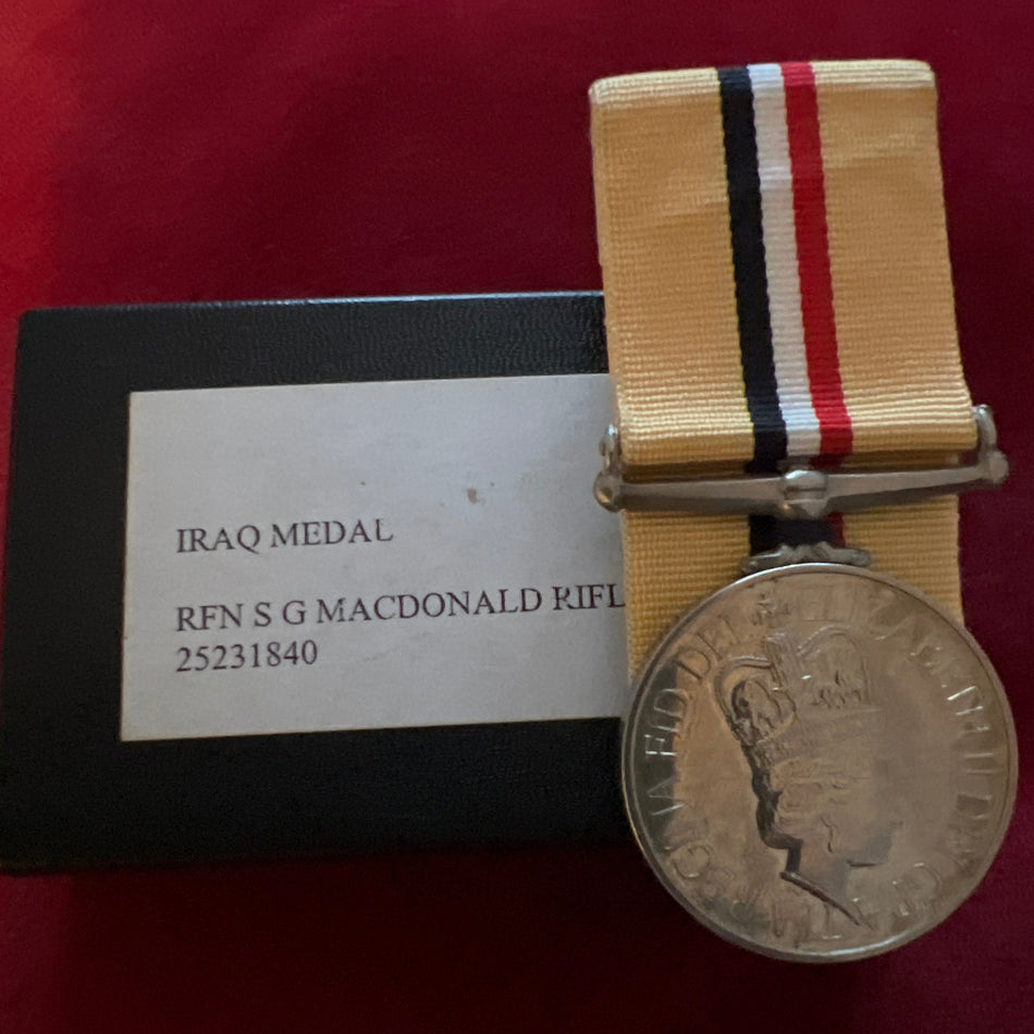 Iraq Medal, no bar, to 25231840 Rifleman S. G. MacDonald, The Rifles, with box of issue