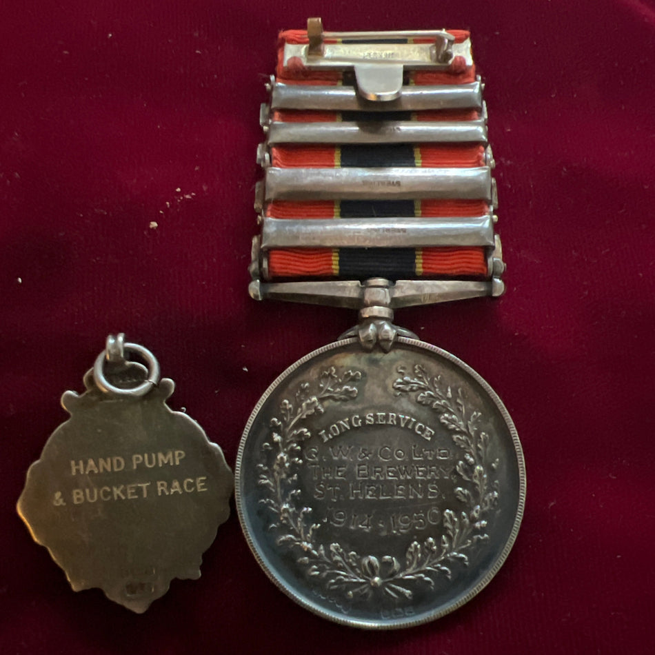 National Fire Brigades Association Long Service Medal to G.W. & Co Ltd., The Brewery, St. Helens, 1914-1950, Thomas J Feeney, also comes with a silver medal National Fire Brigade Assoc. North Western Assoc. for Hand Pump & Bucket Race, sold as a pair