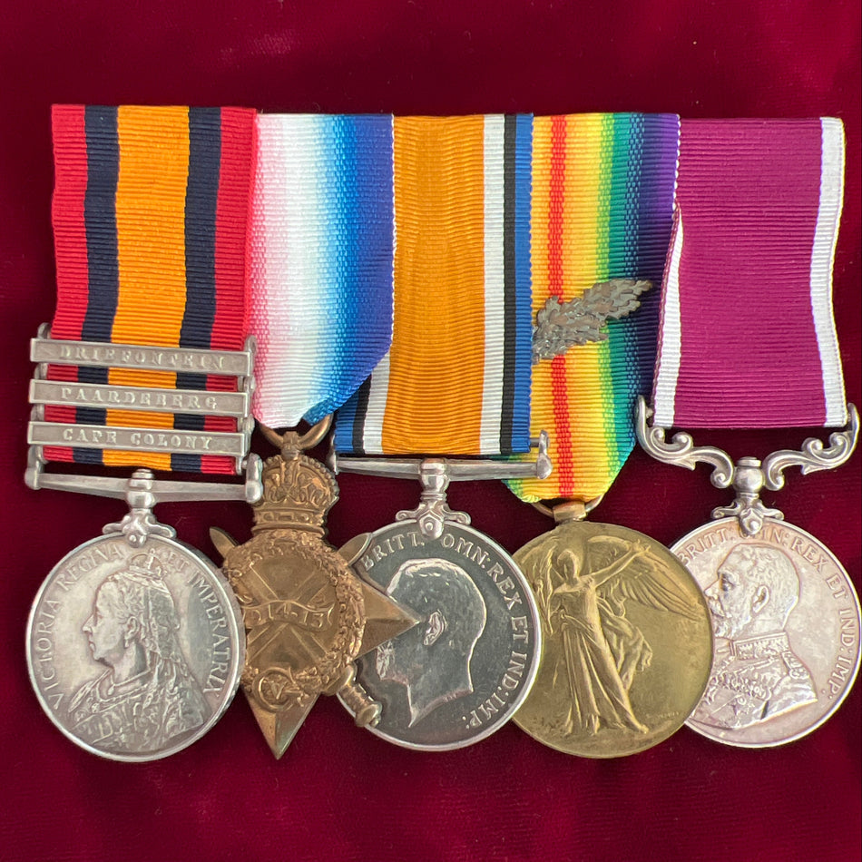 Group of 5 to Battery Quarter Master Sergeant (later Captain) Amos Williams, service in South Africa, later France 27-8-1915, where he is Mentioned in Despatches 18-5-1917, service in the Royal Field Artillery, see history