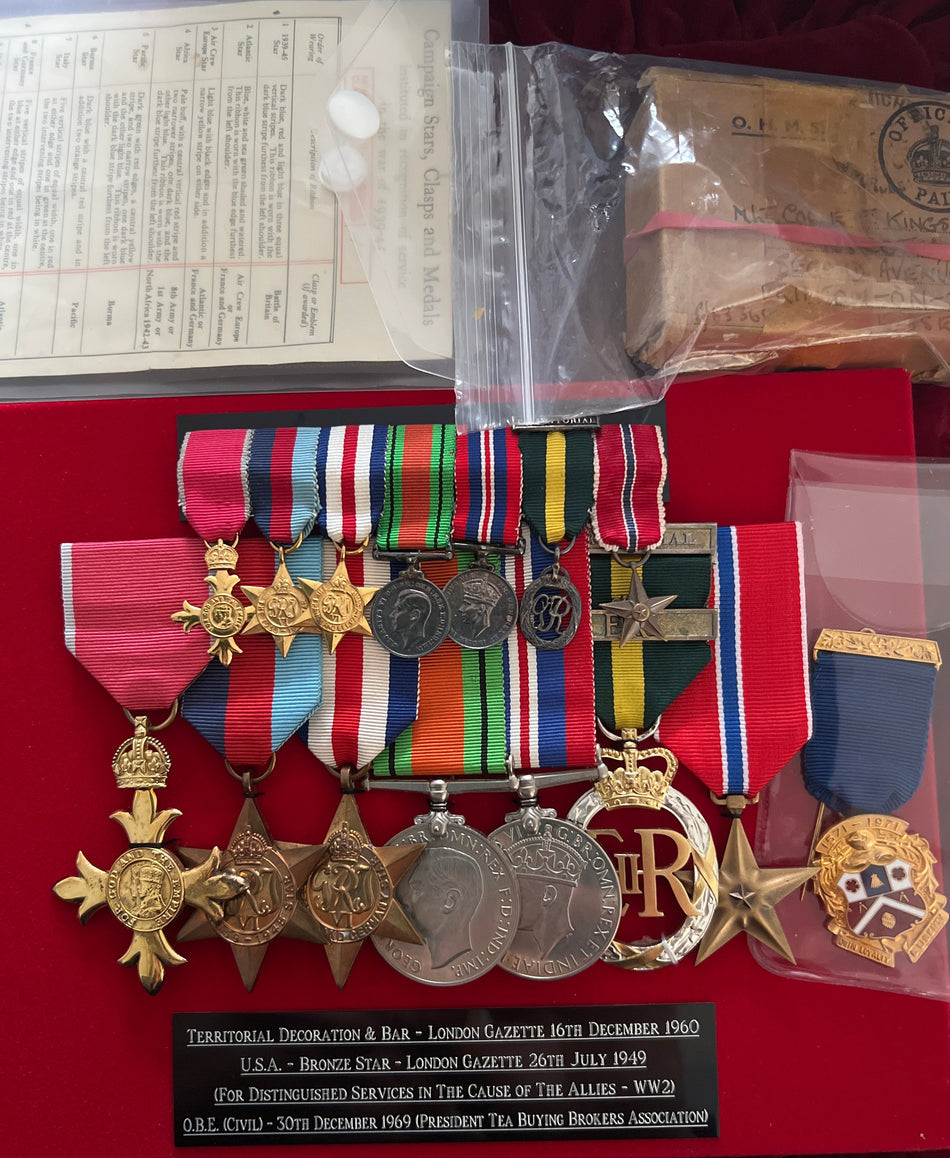 Group of 7 to Lt Col Edwin Frederick Kingsley, RA 54th AA Battery London, Home Defence AA Guns 1940, France & Germany Campaign, US Bronze Star for Distinguished Allied Service LG 1949, TD & bar LG 1960, OBE civil 1969 President Tea Brokers Association