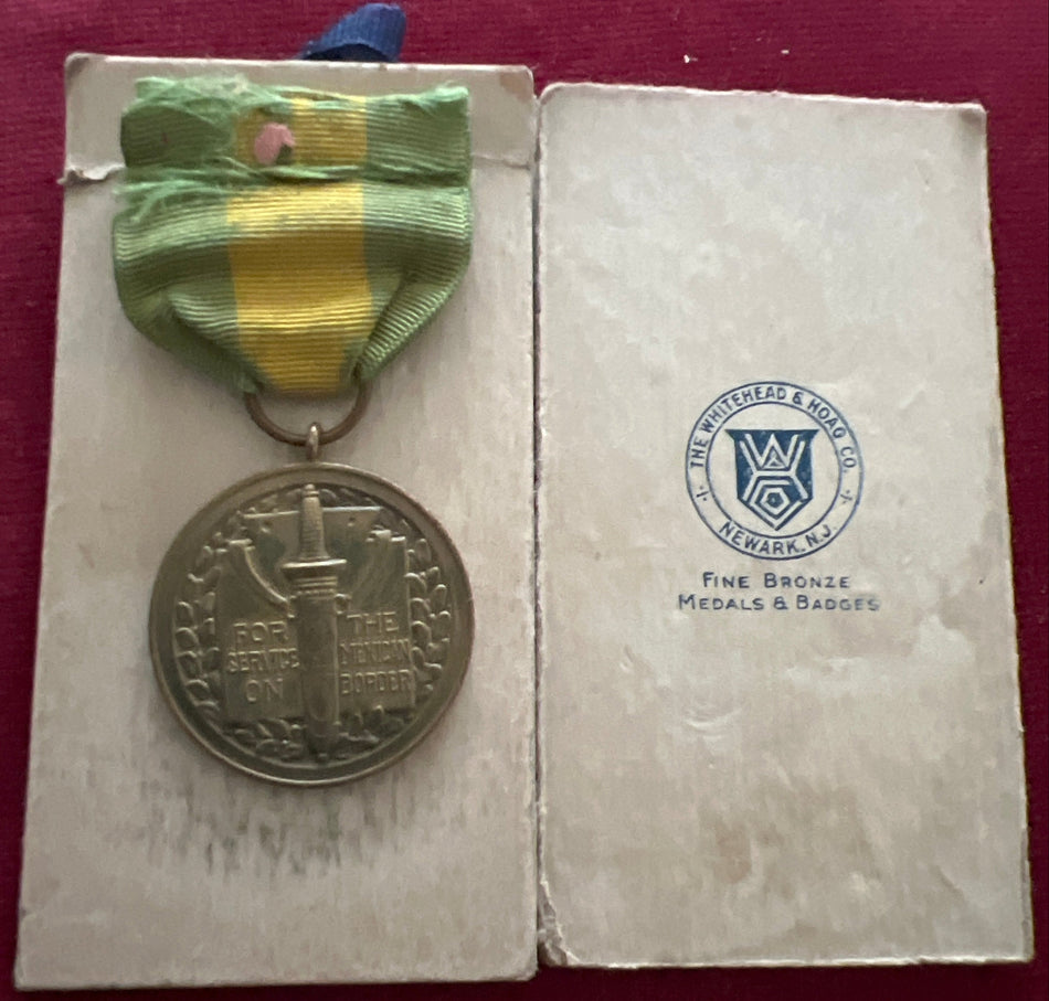 USA, Medal for Service on the Mexican Border, number 8491, ribbon worn, with remnants of the box made by the Whitehead and Hoag Company, Newark, New Jersey, scarce
