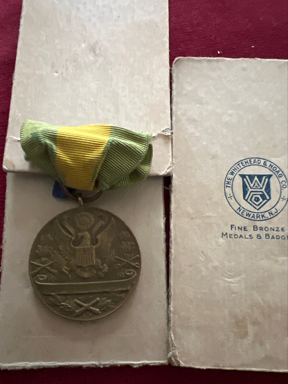 USA, Medal for Service on the Mexican Border, number 8491, ribbon worn, with remnants of the box made by the Whitehead and Hoag Company, Newark, New Jersey, scarce