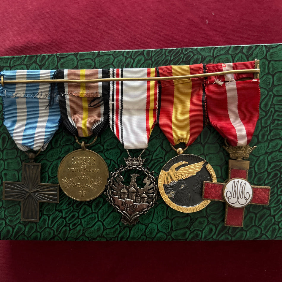 Spain, Blue Division group of five: Military Merit Cross with two bars, Campaign Medal 1936-39, German Eastern Front Medal 1941-42 with Spanish shield, Blue Division Medal and Italian War Merit Cross, mounted, in fitted case