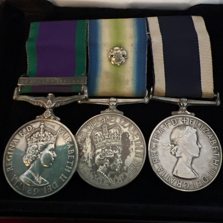 Falklands group of 3 to D0723948 ALMEM(L) J. Hall, Royal Navy, HMS Glamorgan on Falklands, Northern Ireland clasp on GSM, also served on HMS Sheraton, scarce group