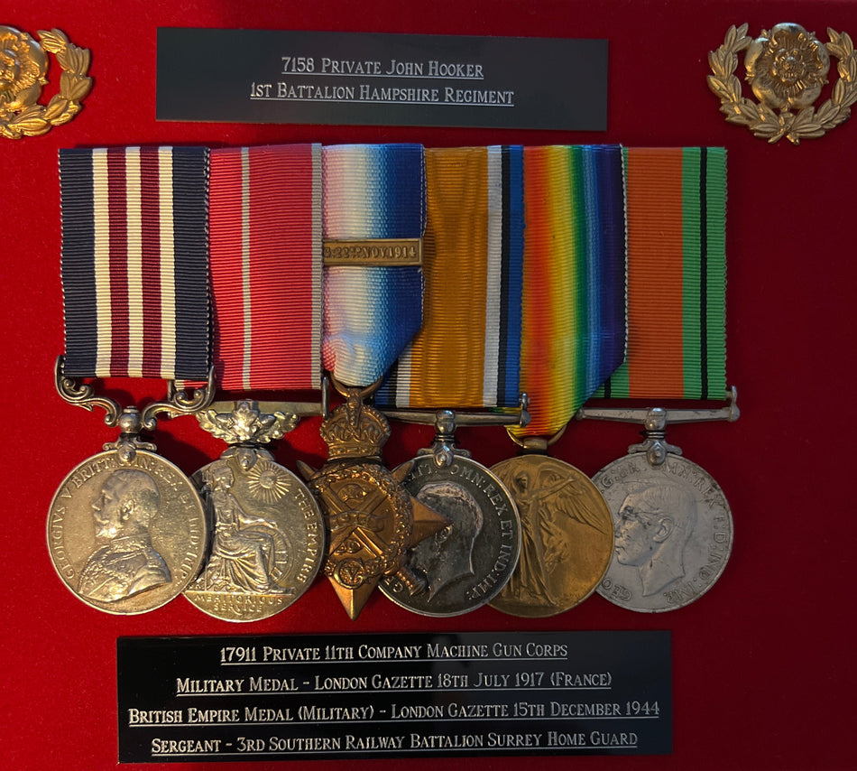 WW1 & WW2 Group of 6 to Private John Hooker, 1st Battalion Hampshire Regiment & Machine Gun Corps, awarded Military Medal for Arras 1917 (LG 18 July 1917) and British Empire Medal for Home Guard service 1944 (LG 15 Dec 1944)