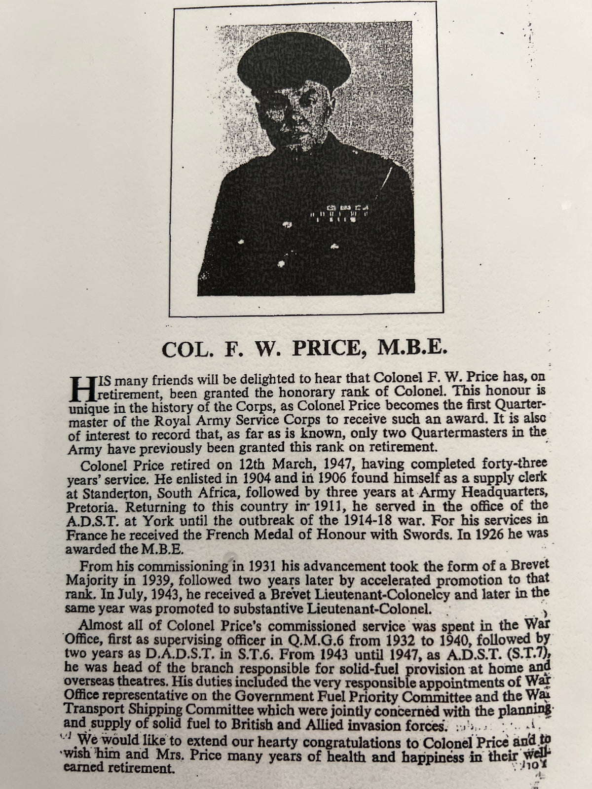 Group of 11 to Colonel Frederick Walter Price MBE, Royal Army Service ...